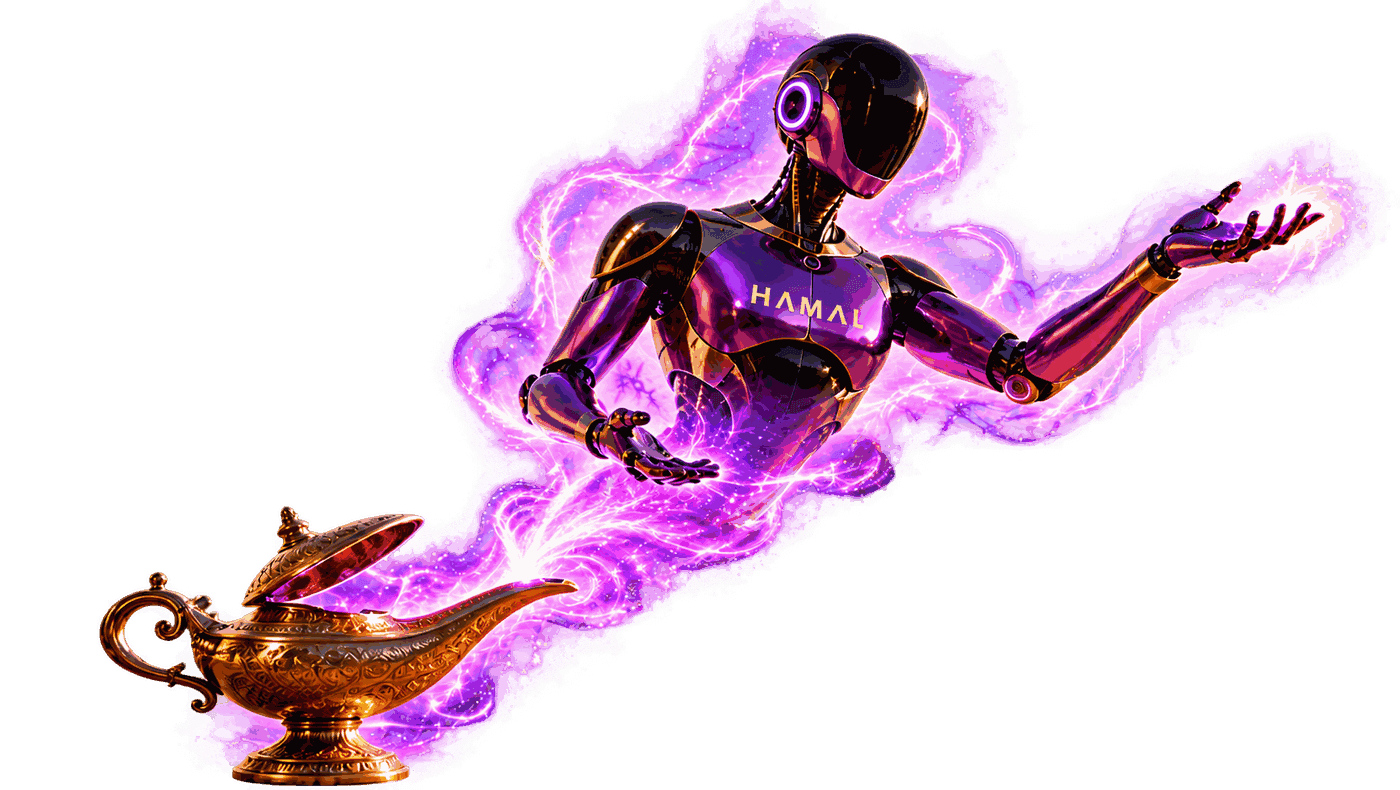 Purple HΛMΛL humanoid emerging from a golden lamp in luminous purple energy