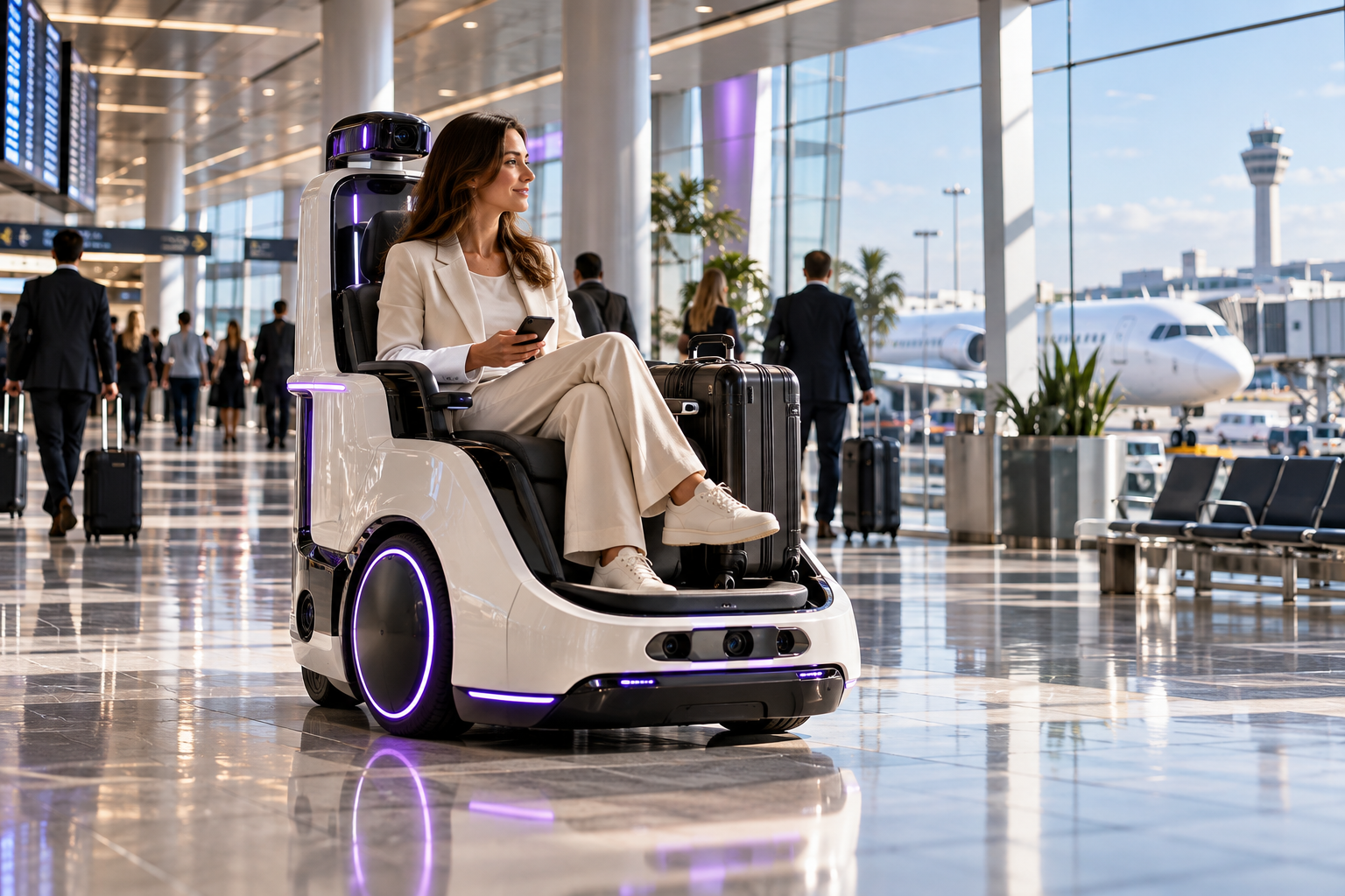 Autonomous airport mobility robot carrying a passenger through a modern terminal