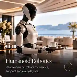Humanoid service robot carrying a tray in a premium interior